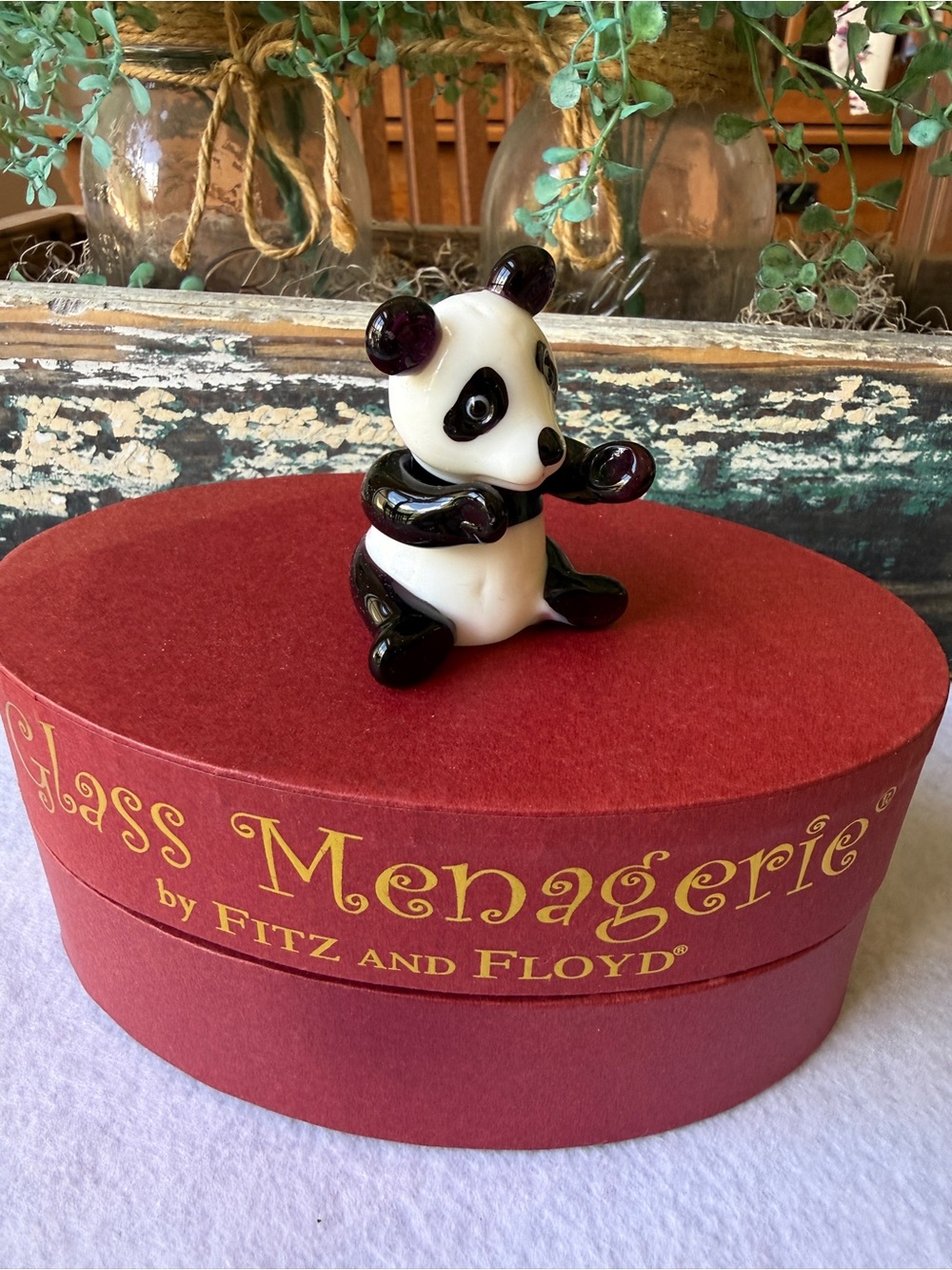 Fitz & Floyd Glass Menagerie Panda Blown Art Glass Figurine Original Box